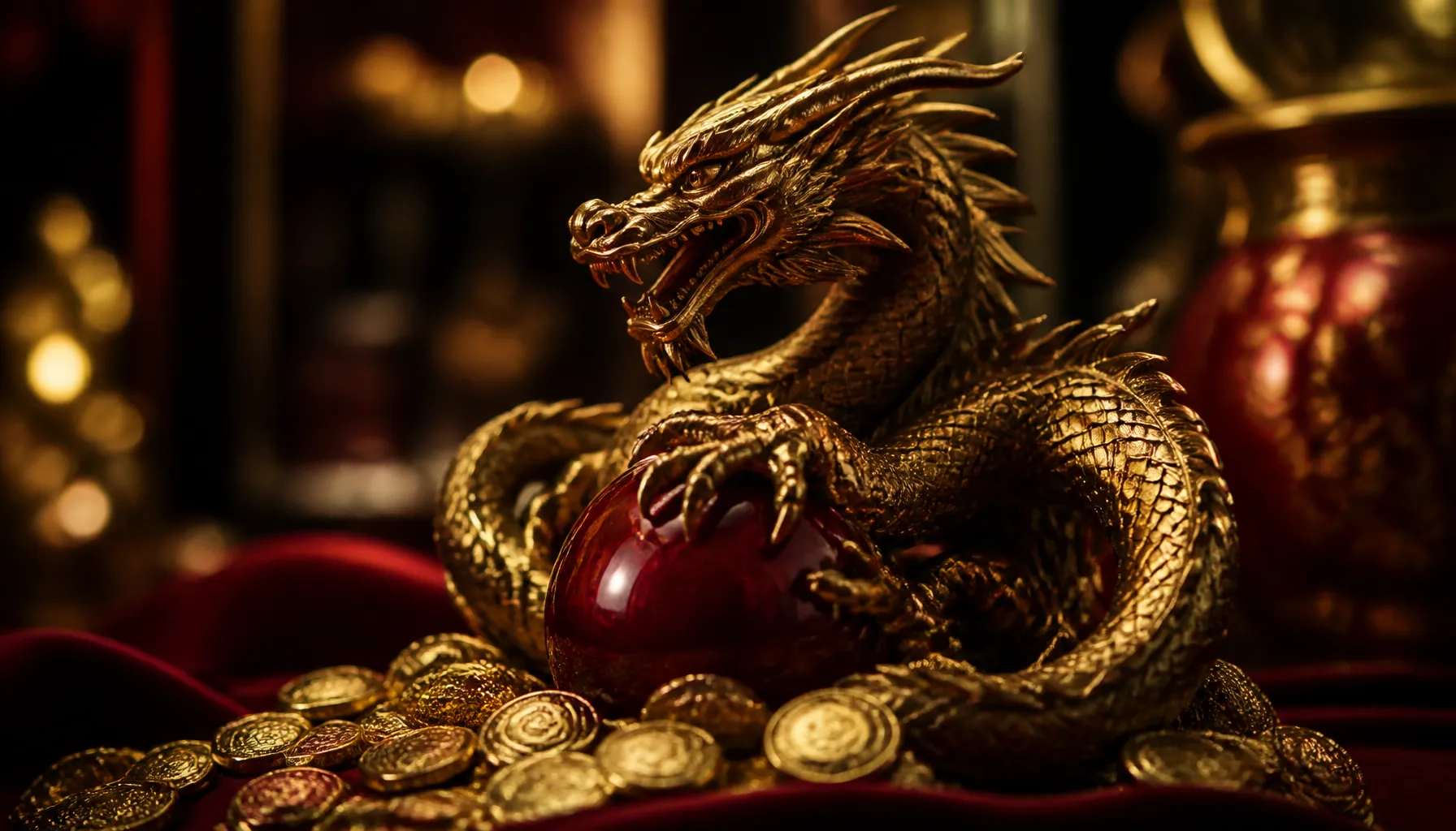 Cinematic close-up of iridescent dragon scale texture surrounding gleaming ancient gold coins in dramatic jewel-toned light