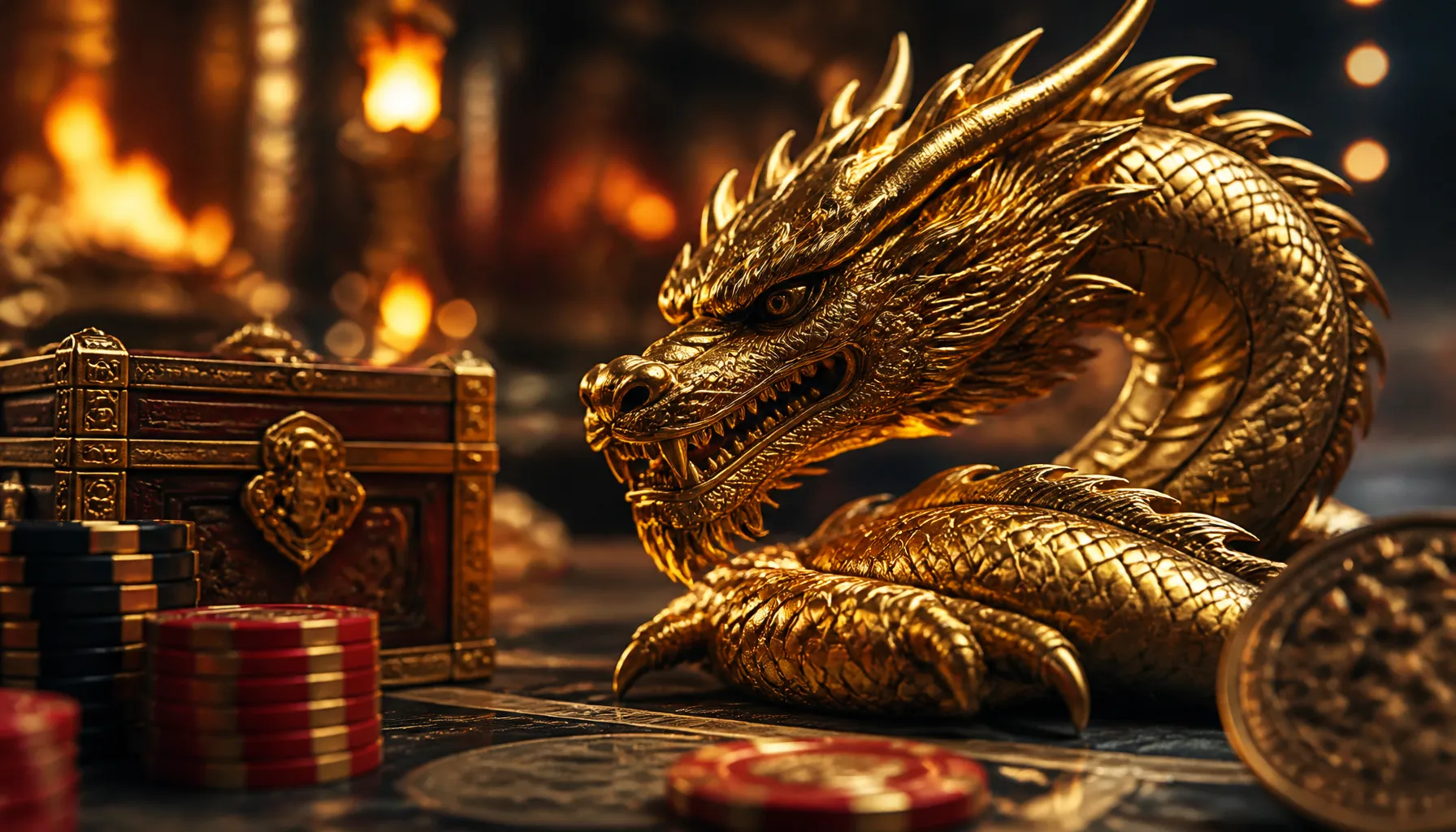 Cinematic close-up of iridescent dragon scale texture surrounding gleaming ancient gold coins in dramatic jewel-toned light
