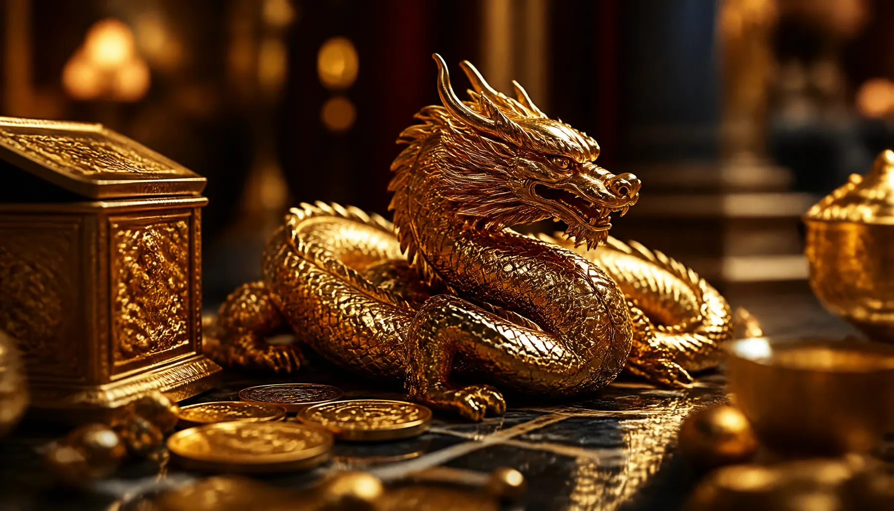 Cinematic close-up of iridescent dragon scale texture surrounding gleaming ancient gold coins in dramatic jewel-toned light